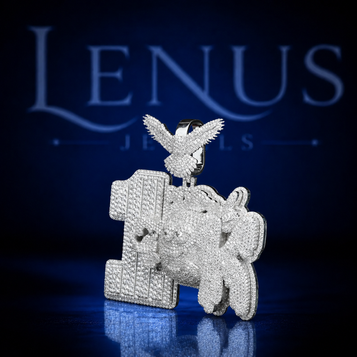 Iced Out Number 1 Pendant with Flying Eagle Bail – VVS Moissanite 925 Sterling Silver, Diamond Tester Pass, Luxury Hip Hop Jewelry
