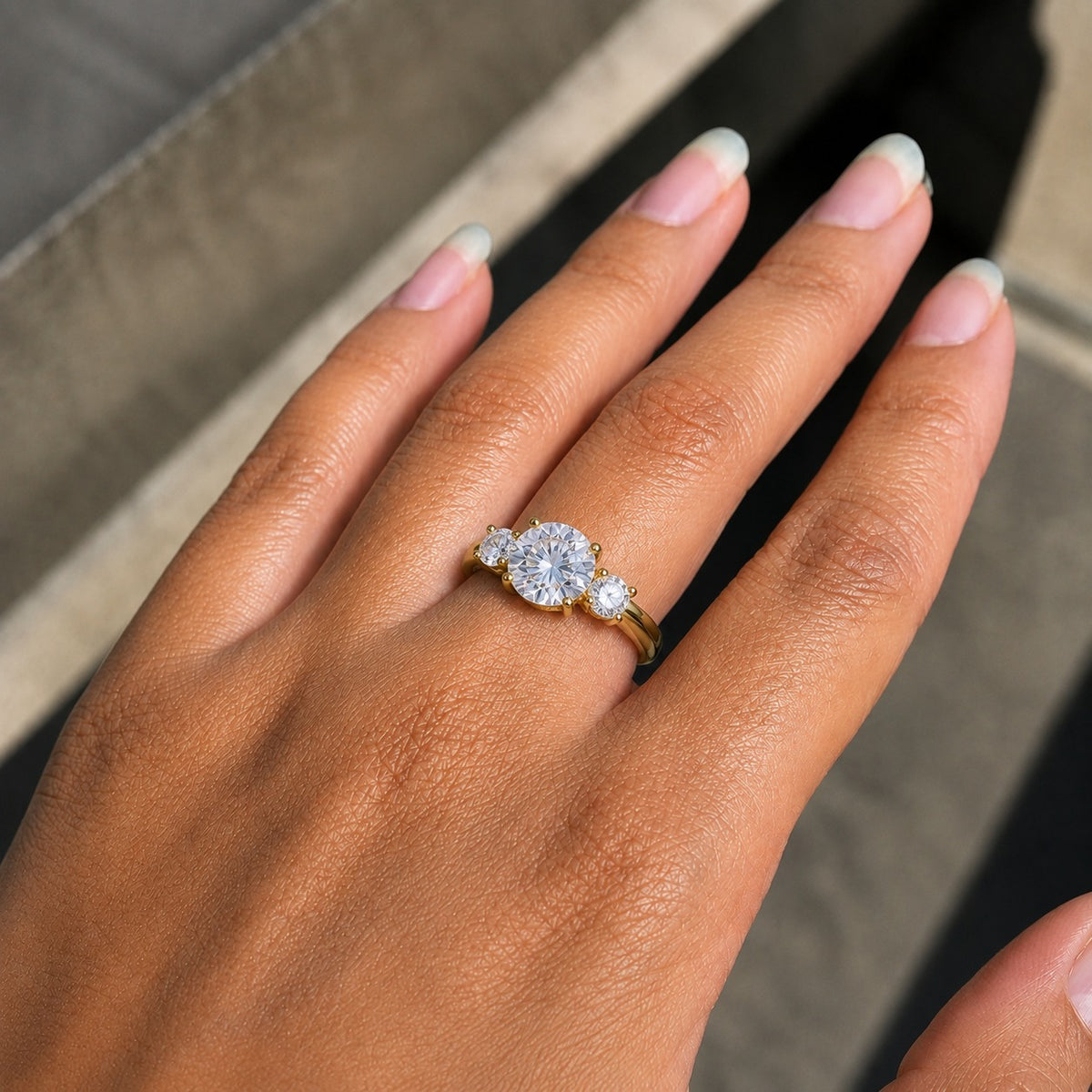 Round Moissanite Three-Stone Engagement Ring – Yellow Gold Side-Stone 925 Sterling Silver Promise Ring