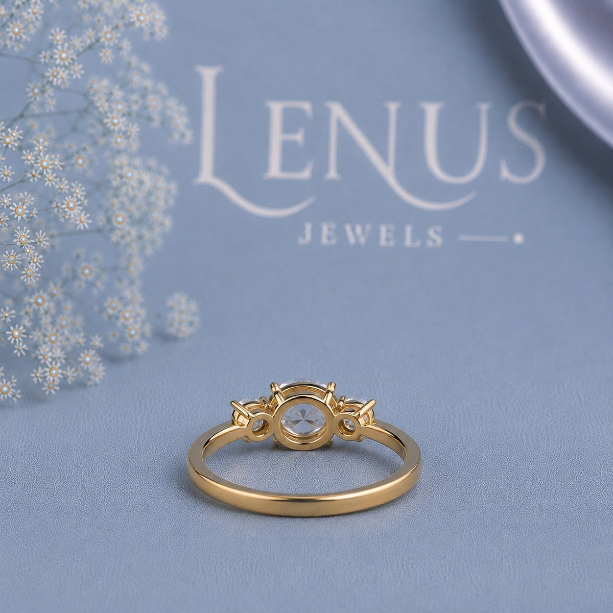 Round Moissanite Three-Stone Engagement Ring – Yellow Gold Side-Stone 925 Sterling Silver Promise Ring