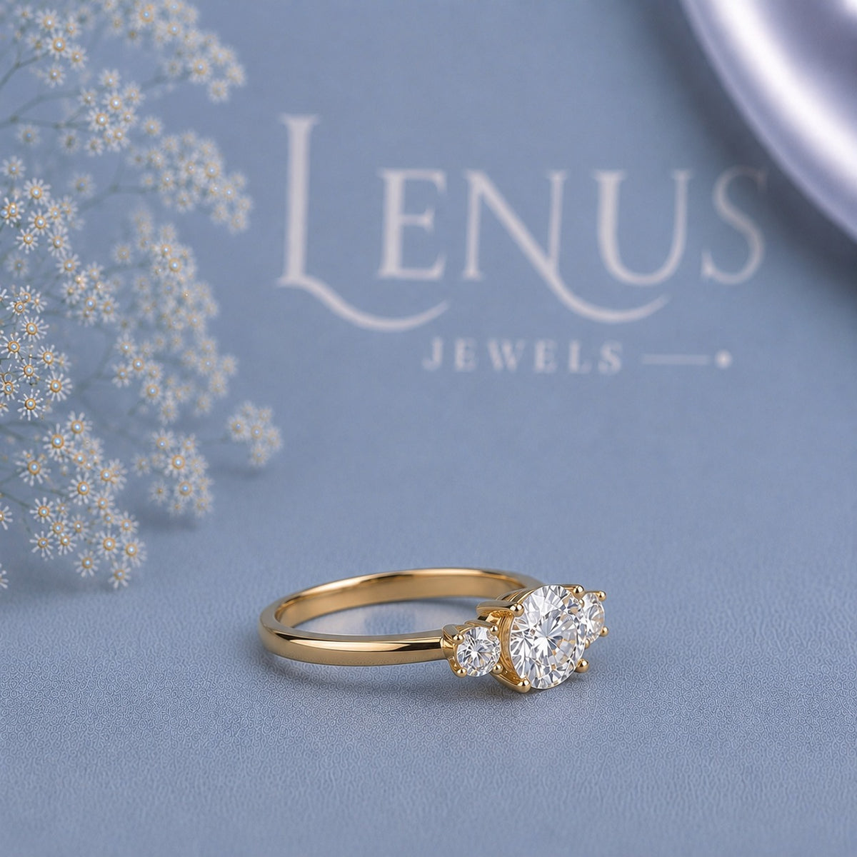 Round Moissanite Three-Stone Engagement Ring – Yellow Gold Side-Stone 925 Sterling Silver Promise Ring