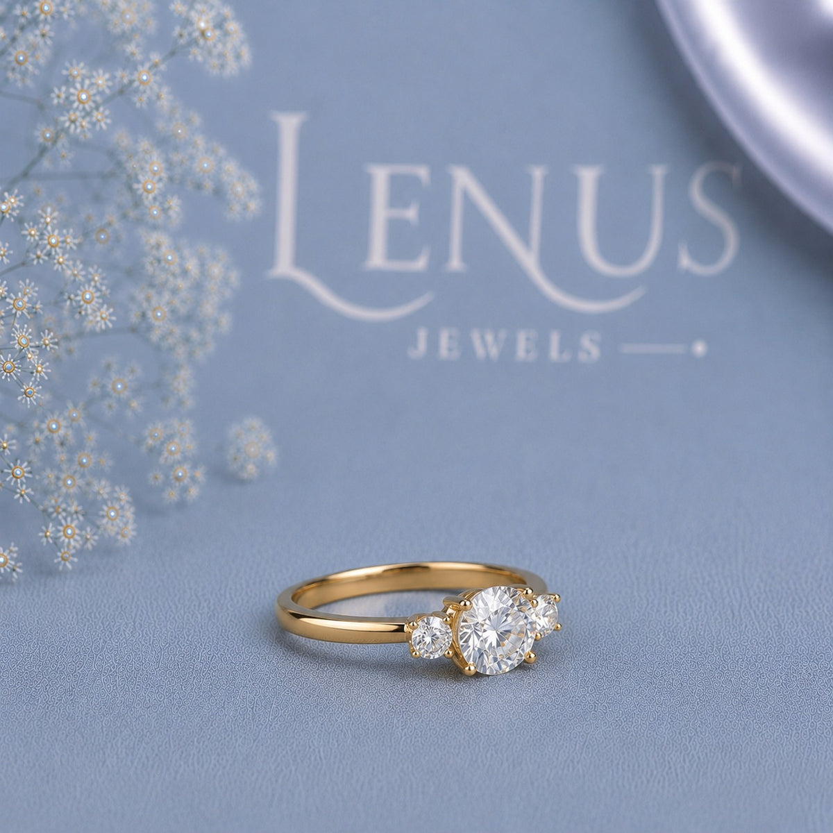 Round Moissanite Three-Stone Engagement Ring – Yellow Gold Side-Stone 925 Sterling Silver Promise Ring