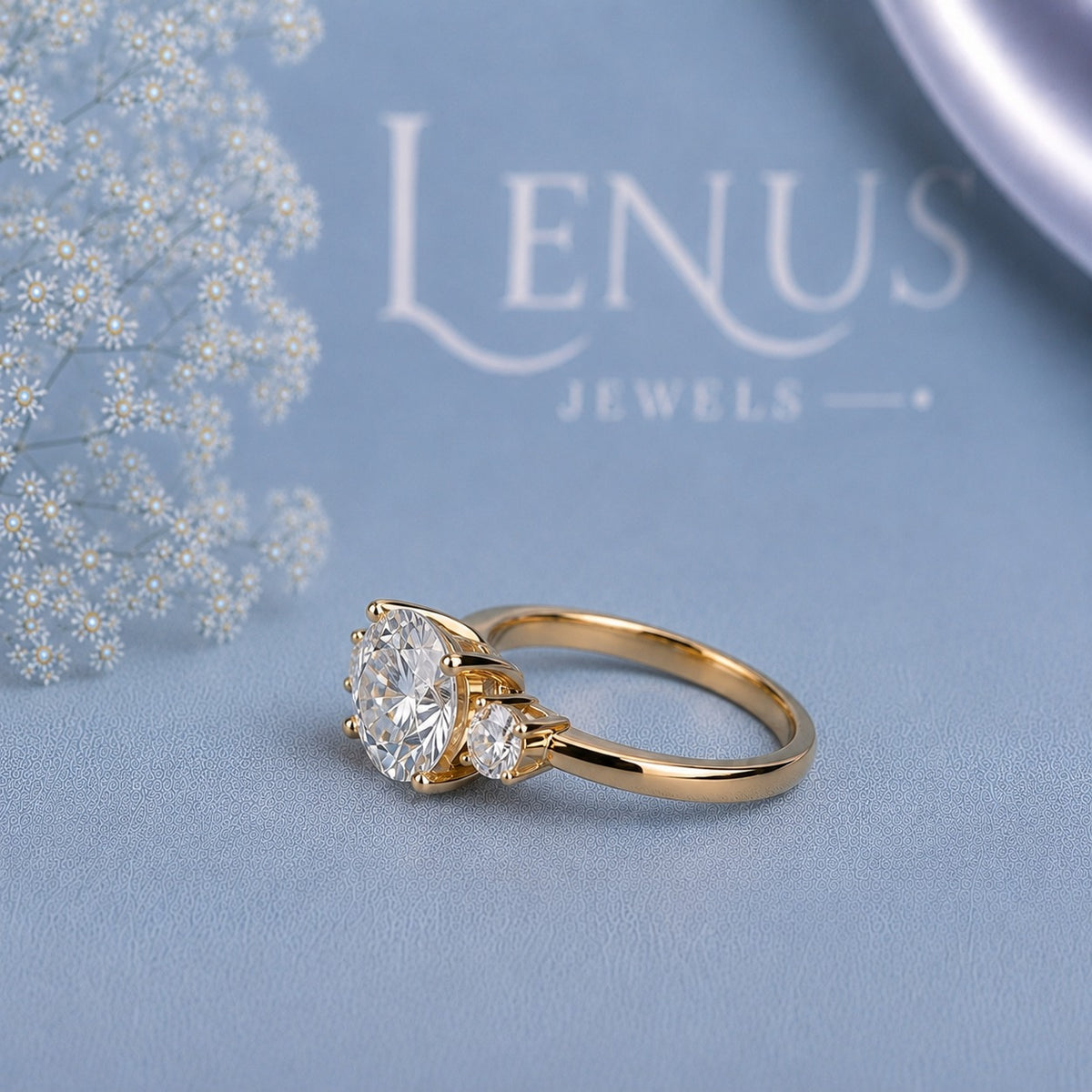 Round Moissanite Three-Stone Engagement Ring – Yellow Gold Side-Stone 925 Sterling Silver Promise Ring