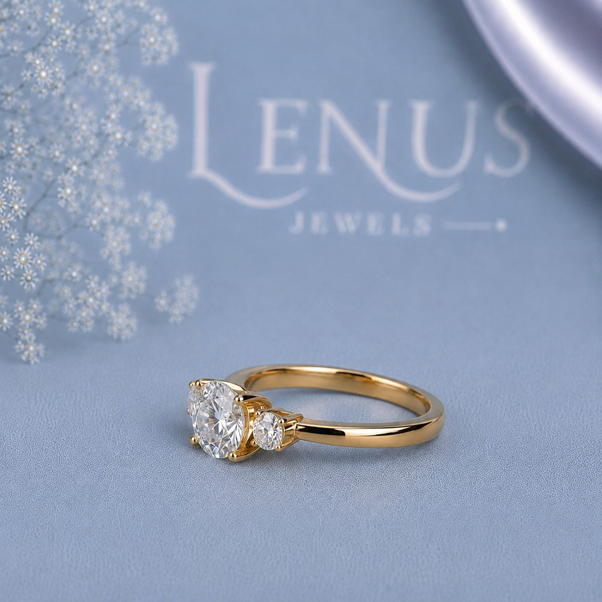 Round Moissanite Three-Stone Engagement Ring – Yellow Gold Side-Stone 925 Sterling Silver Promise Ring