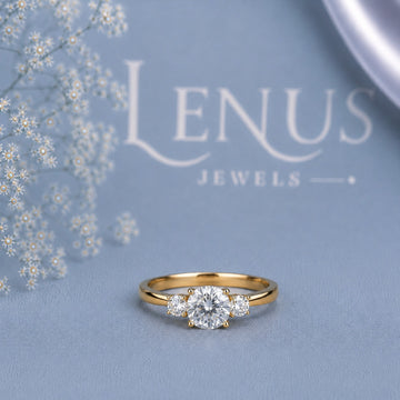 Round Moissanite Three-Stone Engagement Ring – Yellow Gold Side-Stone 925 Sterling Silver Promise Ring
