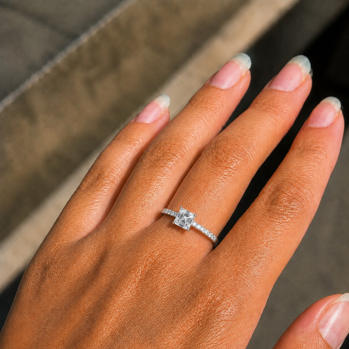 Asscher Cut Moissanite Engagement Ring – Pavé Band 925 Sterling Silver