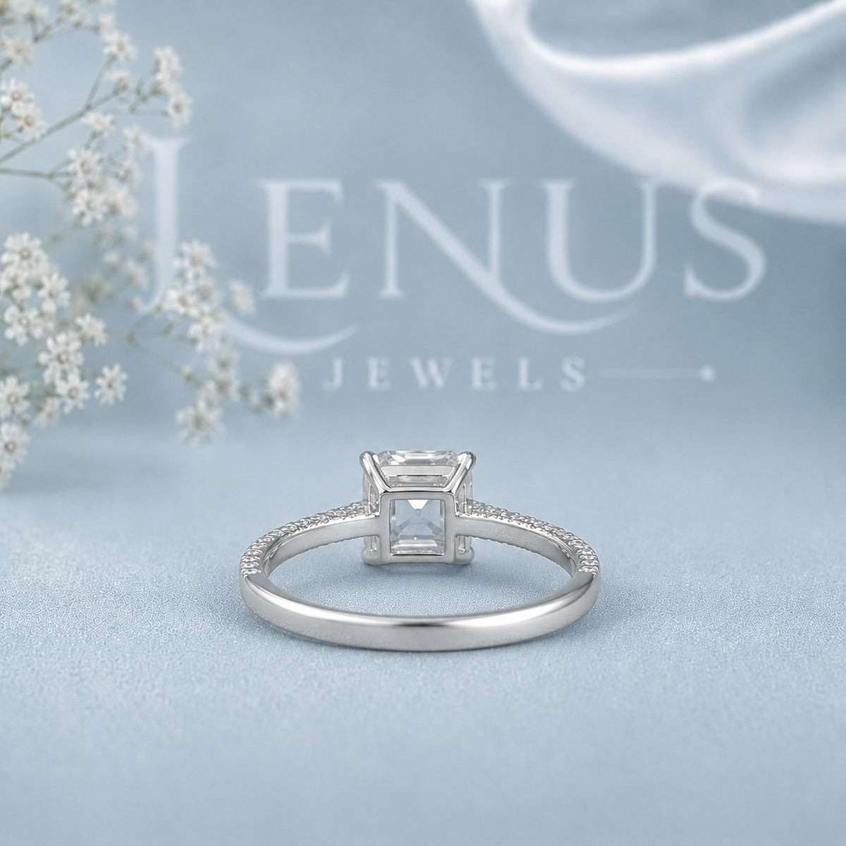 Asscher Cut Moissanite Engagement Ring – Pavé Band 925 Sterling Silver