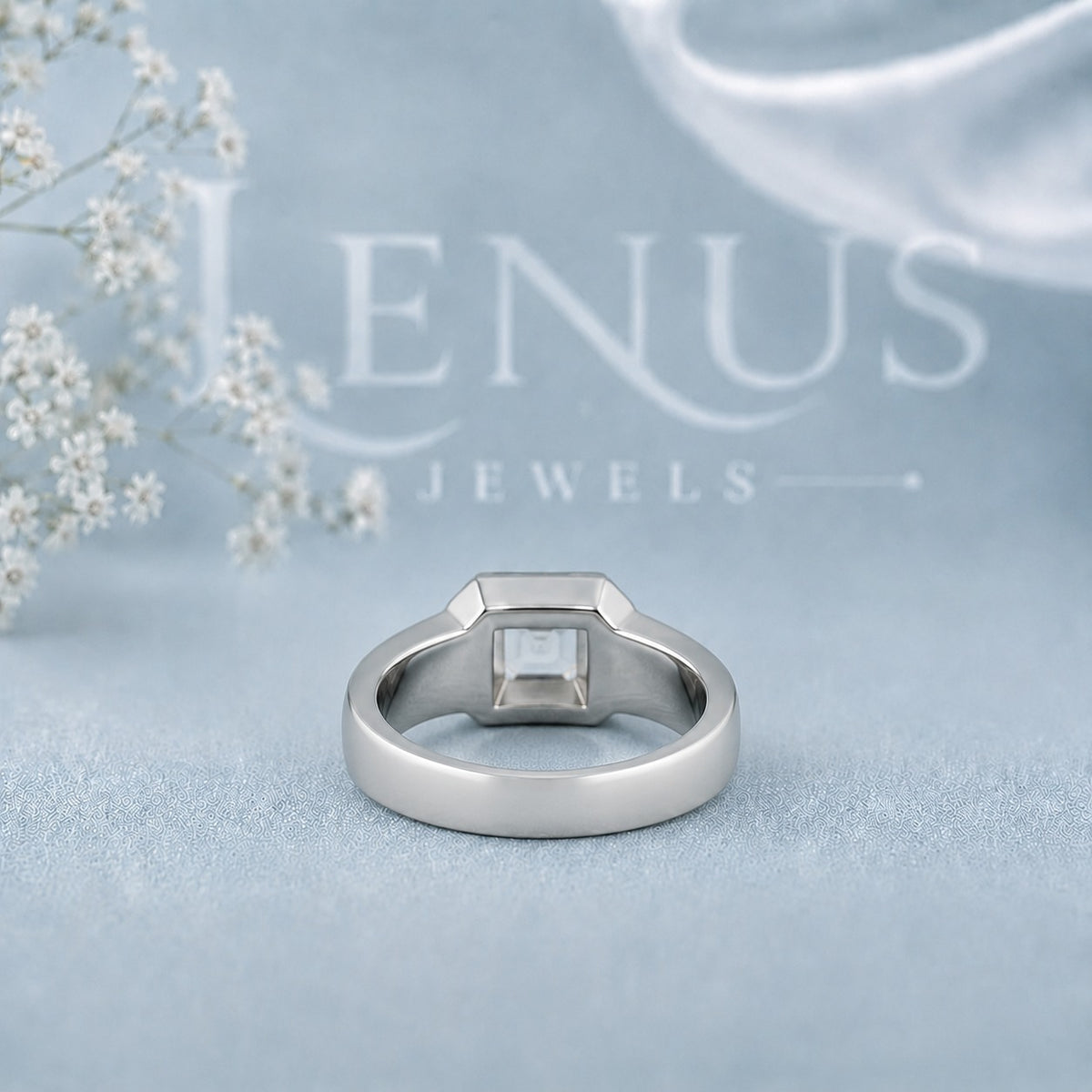 Asscher Cut Moissanite Bezel Signet Ring – 925 Sterling Silver Statement Band