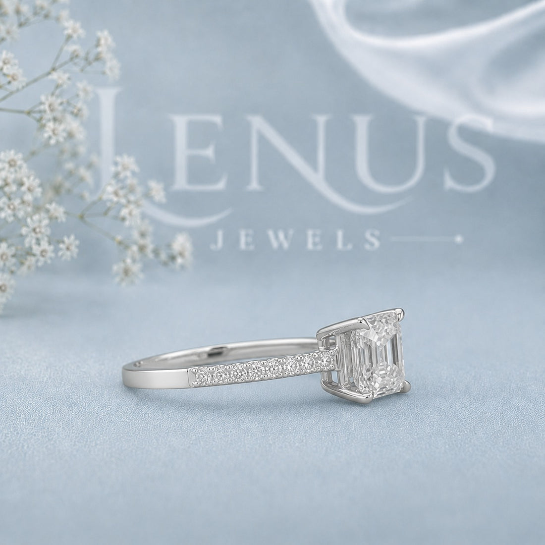 Asscher Cut Moissanite Engagement Ring – Pavé Band 925 Sterling Silver