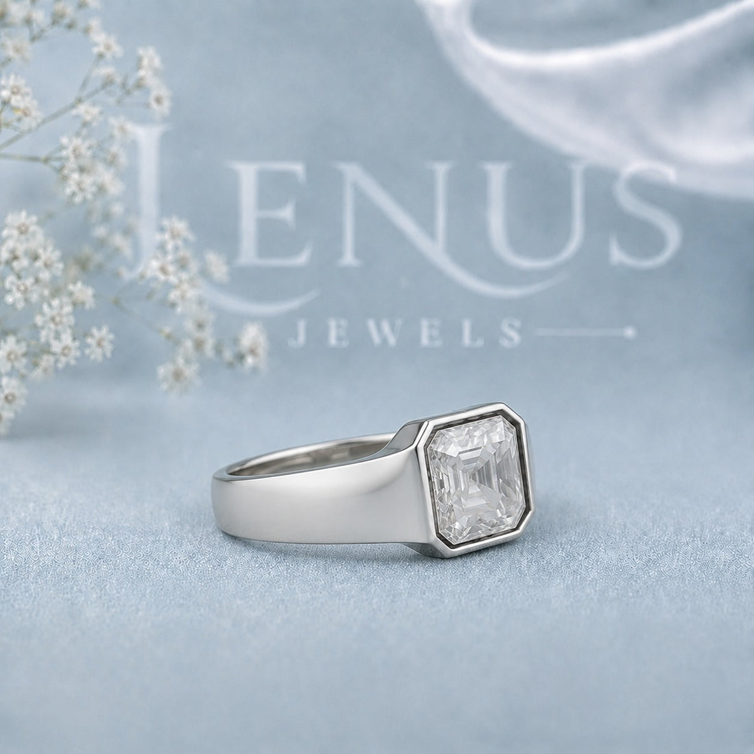 Asscher Cut Moissanite Bezel Signet Ring – 925 Sterling Silver Statement Band