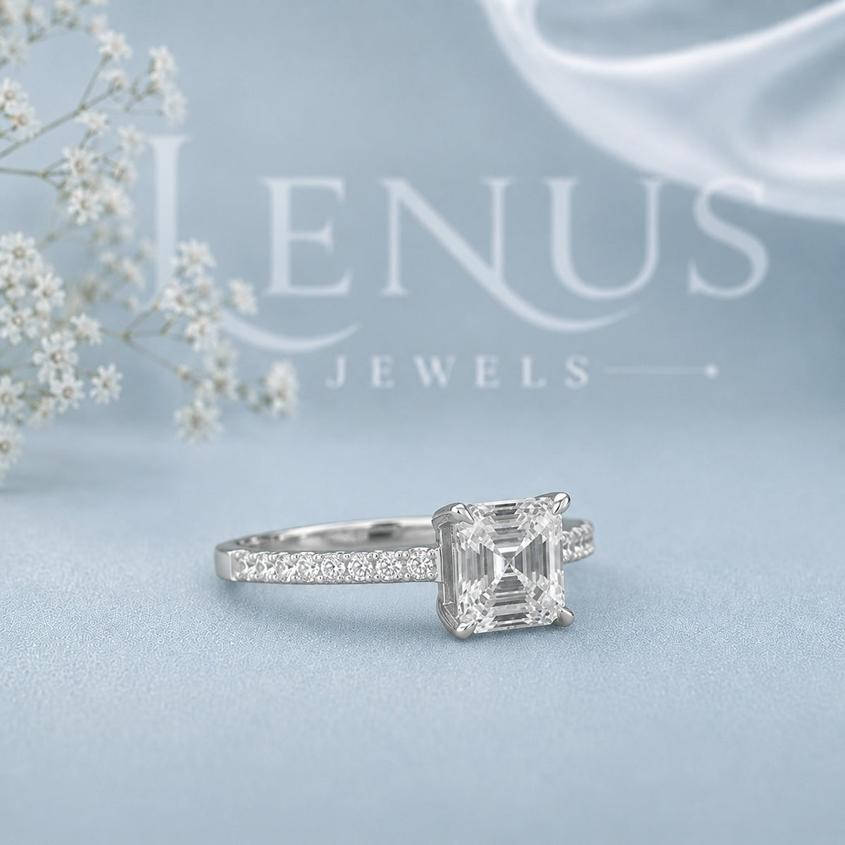 Asscher Cut Moissanite Engagement Ring – Pavé Band 925 Sterling Silver