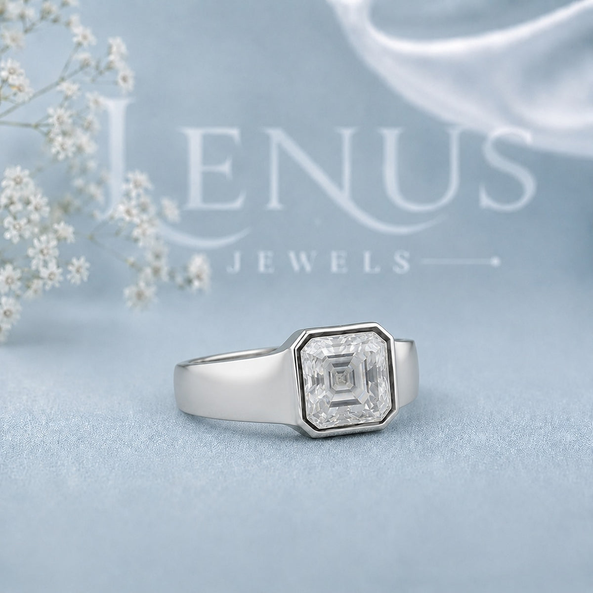 Asscher Cut Moissanite Bezel Signet Ring – 925 Sterling Silver Statement Band
