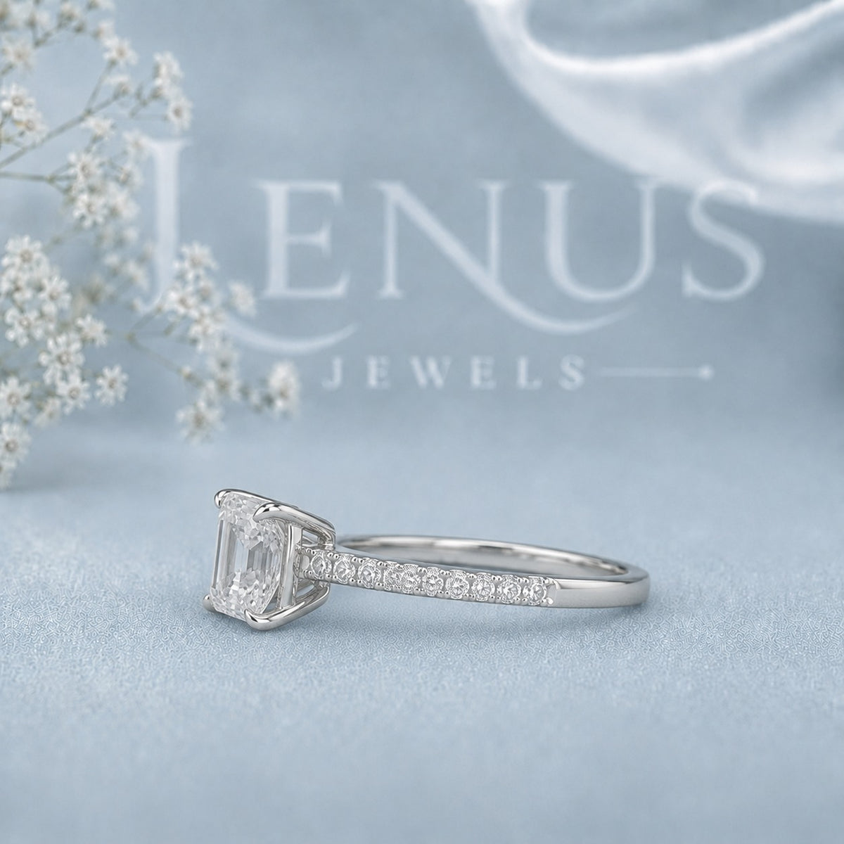 Asscher Cut Moissanite Engagement Ring – Pavé Band 925 Sterling Silver