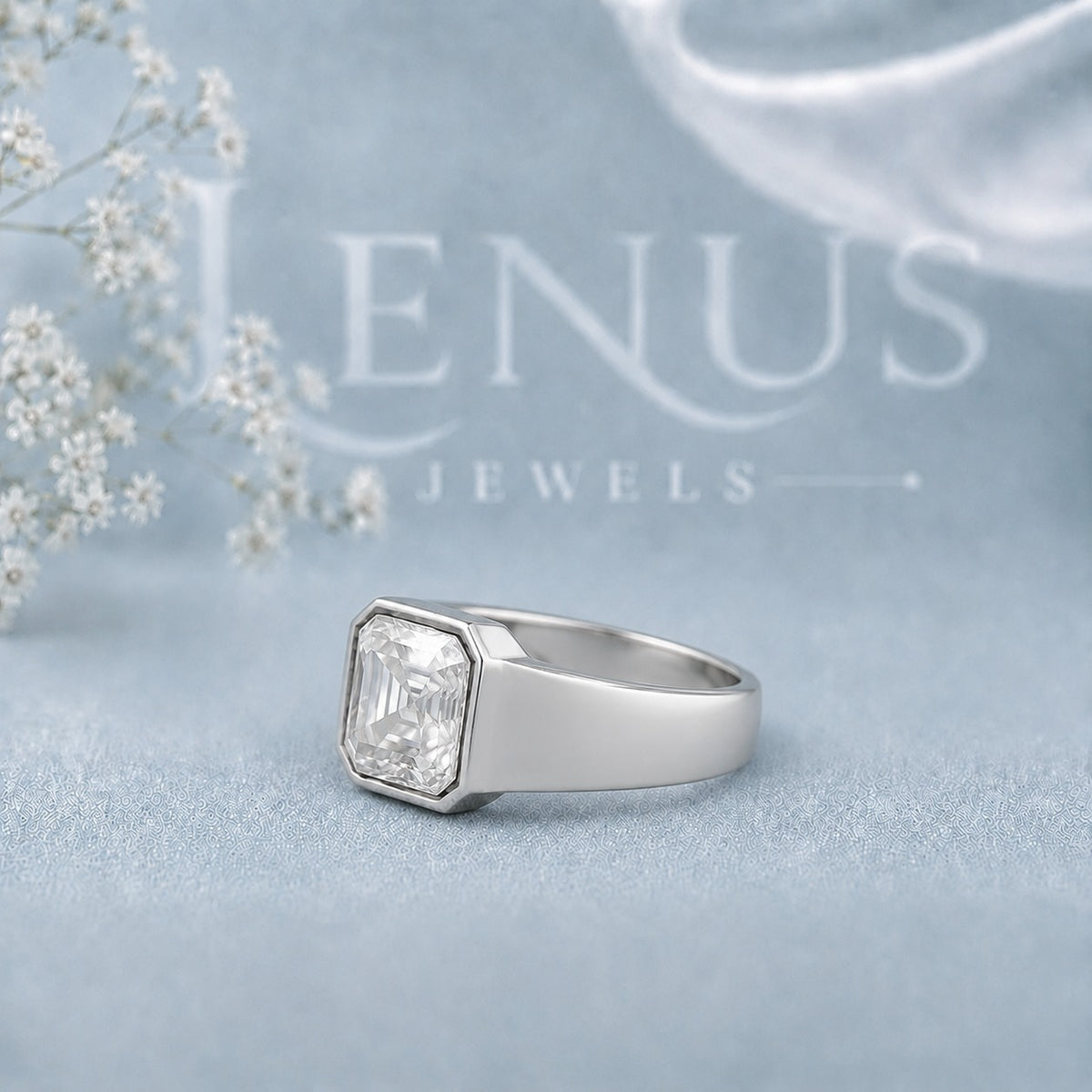 Asscher Cut Moissanite Bezel Signet Ring – 925 Sterling Silver Statement Band