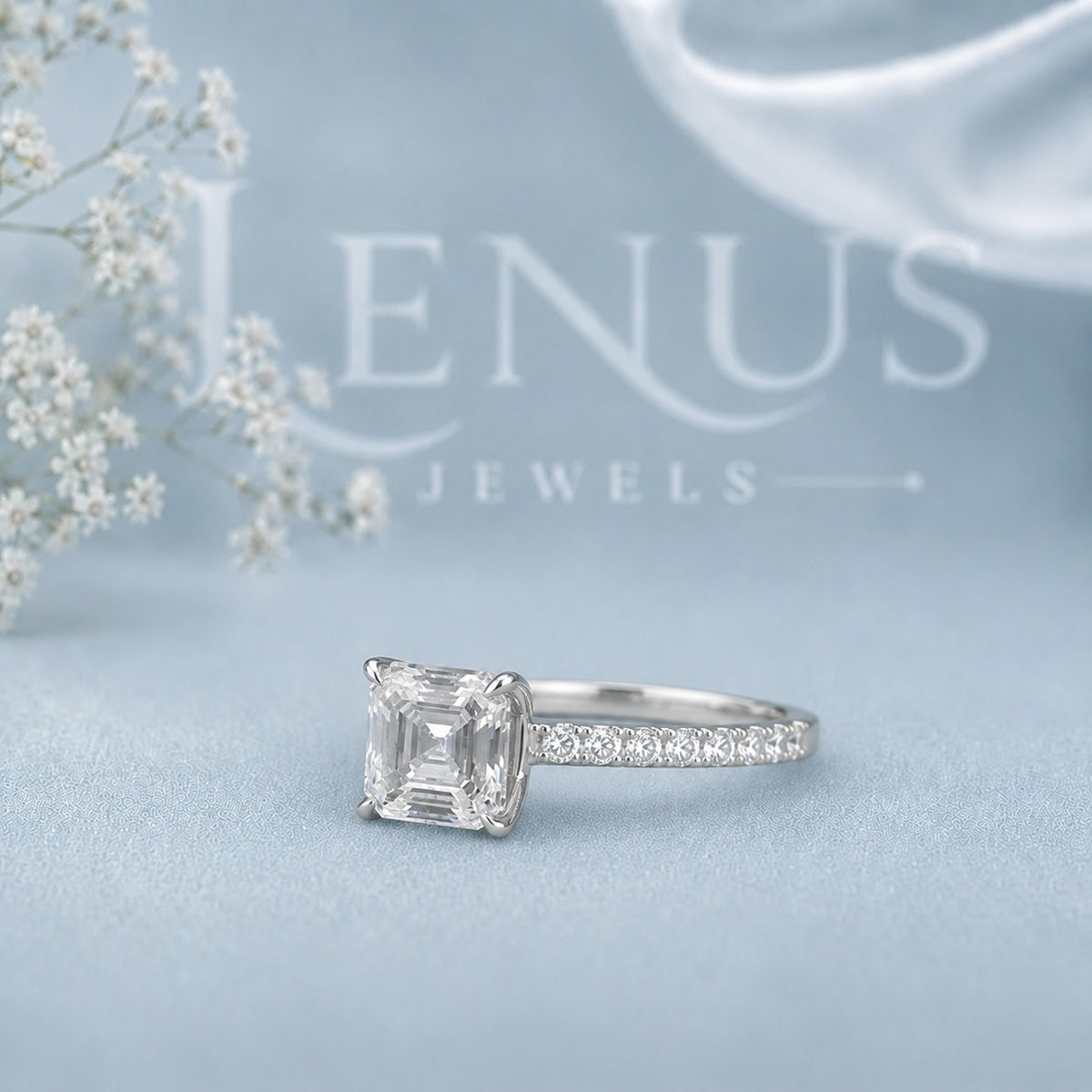 Asscher Cut Moissanite Engagement Ring – Pavé Band 925 Sterling Silver