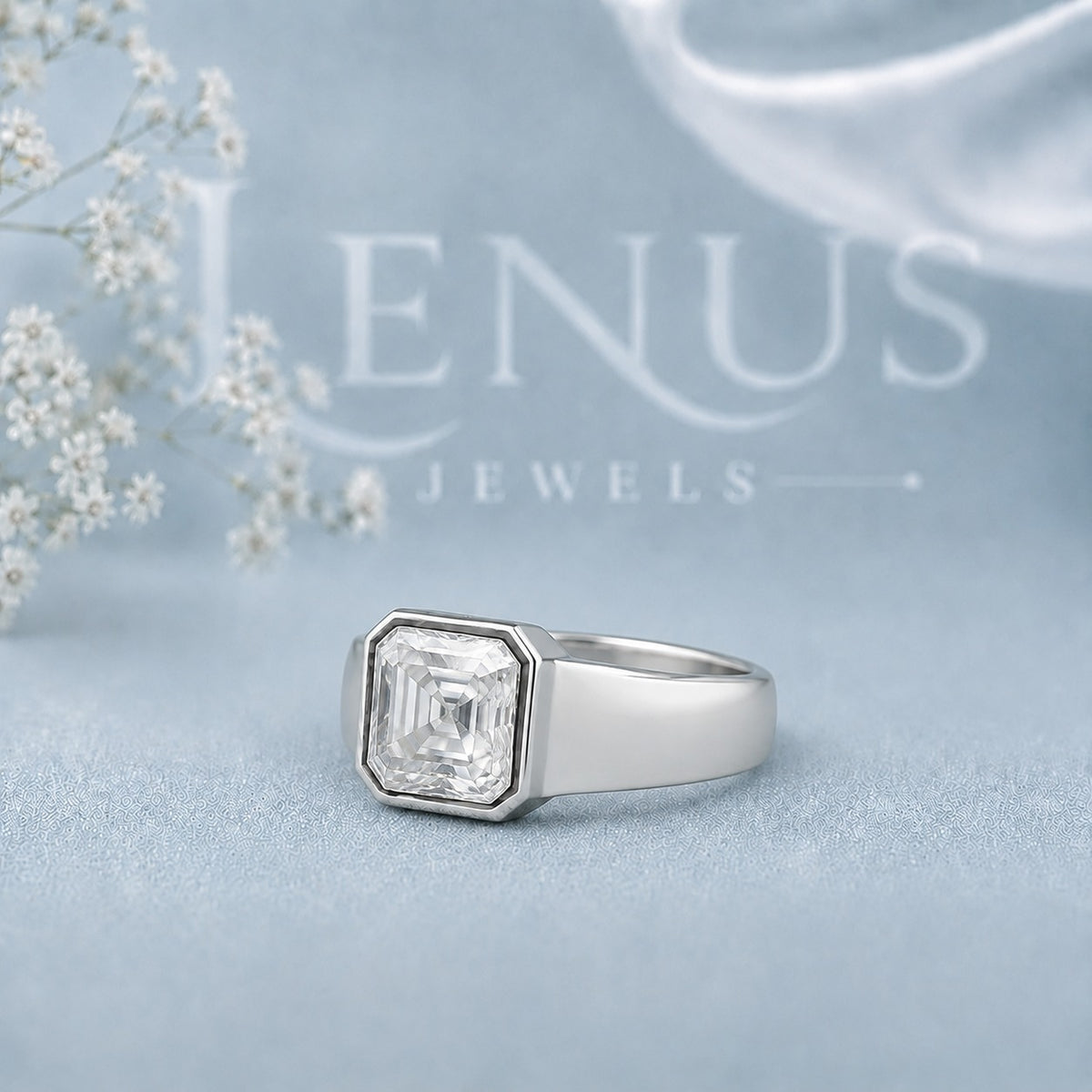 Asscher Cut Moissanite Bezel Signet Ring – 925 Sterling Silver Statement Band