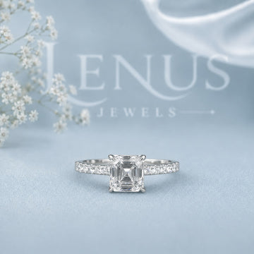 Asscher Cut Moissanite Engagement Ring – Pavé Band 925 Sterling Silver