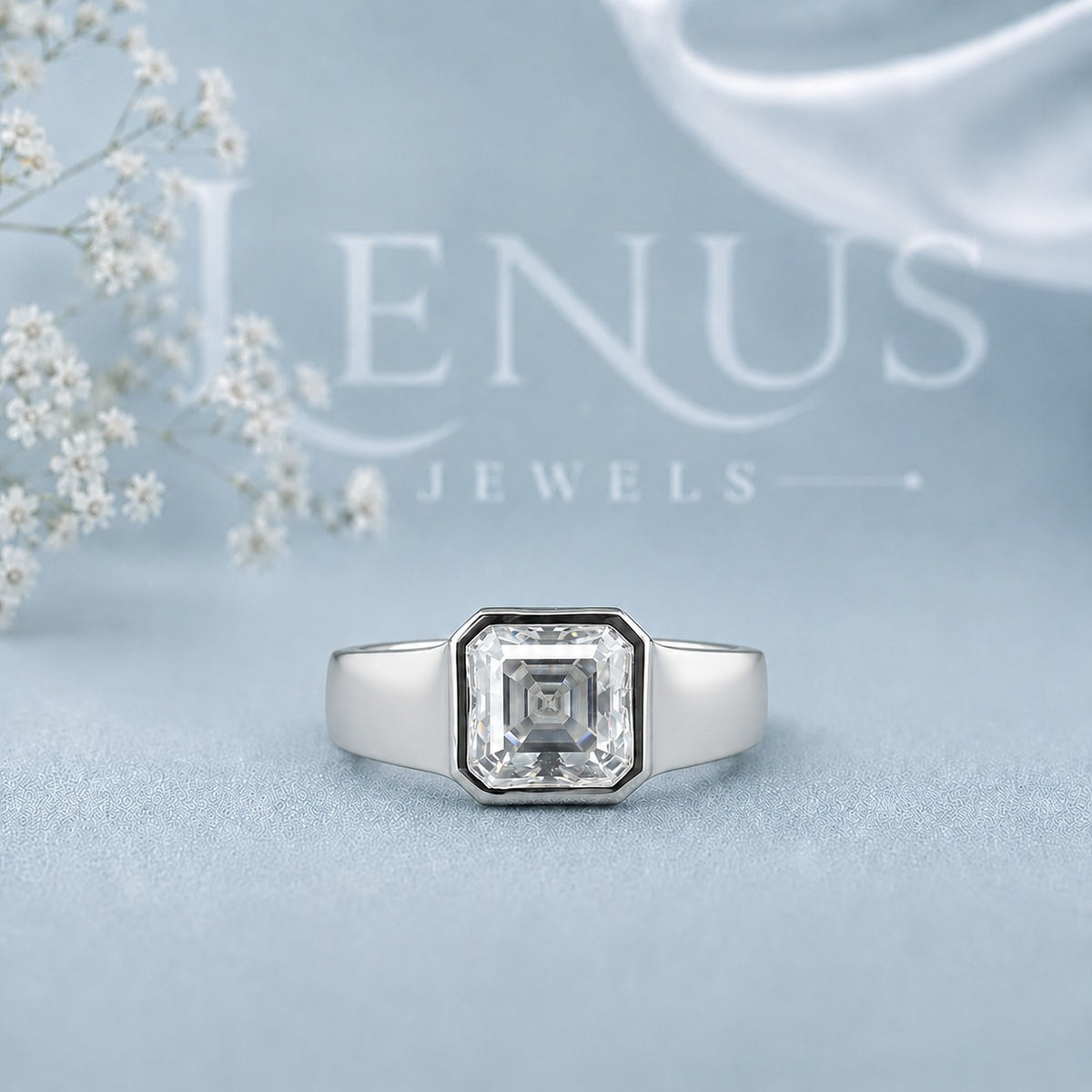 Asscher Cut Moissanite Bezel Signet Ring – 925 Sterling Silver Statement Band