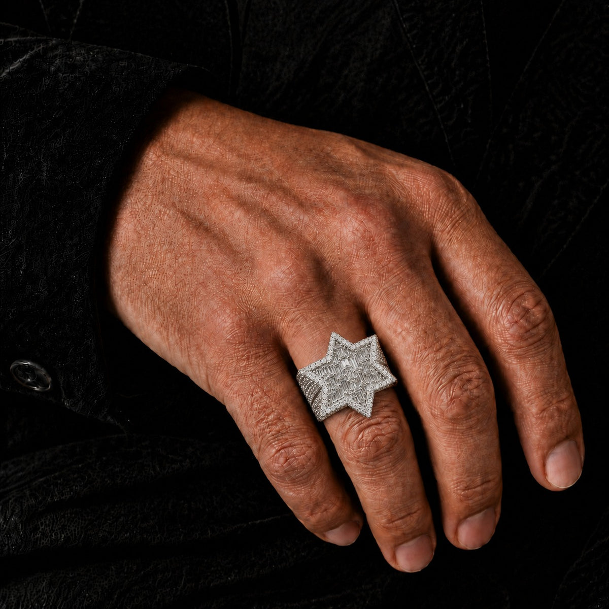 Baguette Moissanite Star Ring for Men – Iced-Out Geometric Statement Ring in 925 Sterling Silver