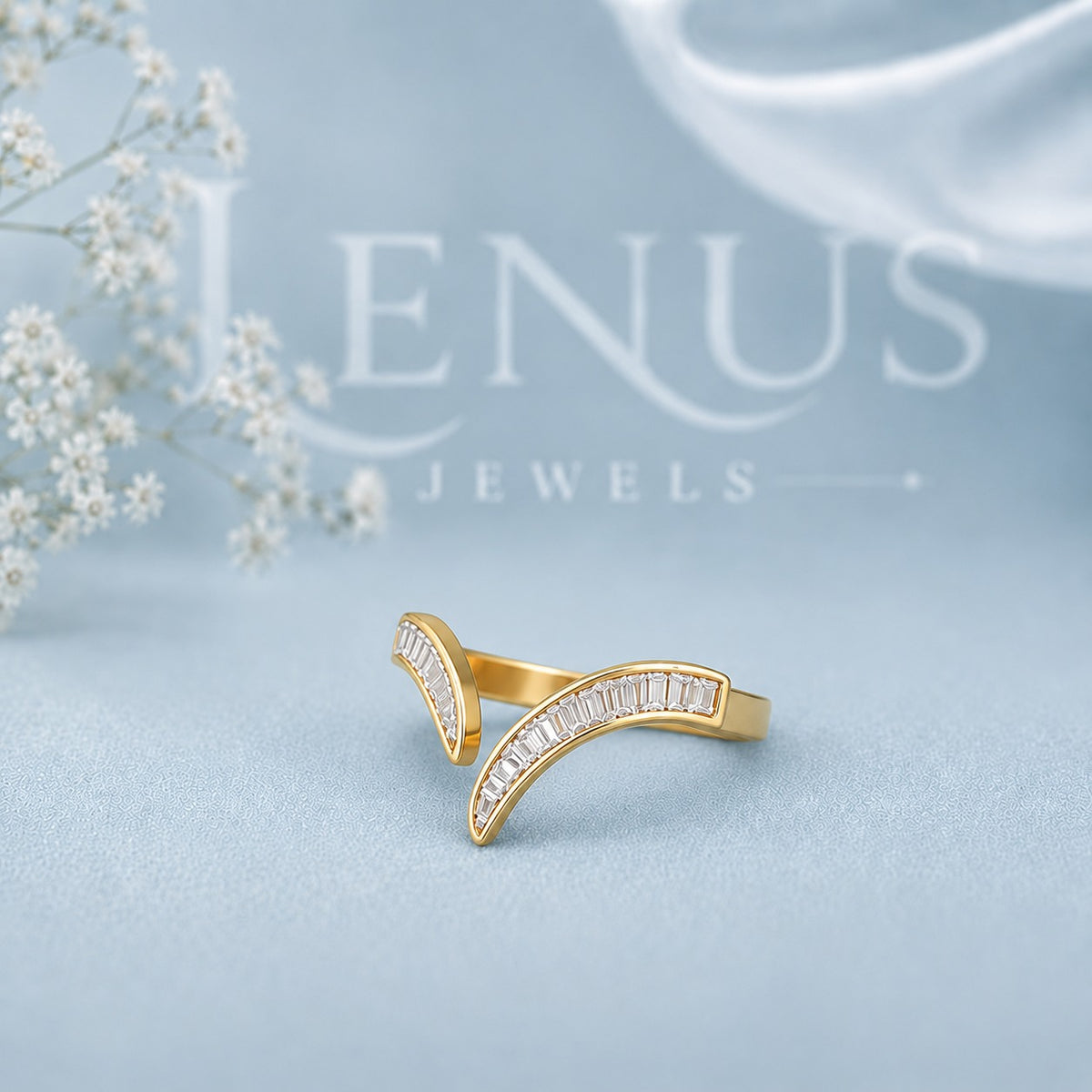 Baguette V Moissanite Ring Guard – Gold Chevron Wedding Band
