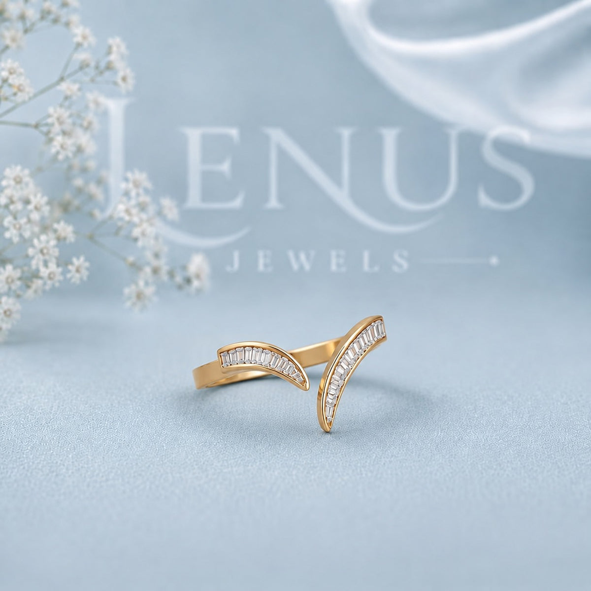 Baguette V Moissanite Ring Guard – Gold Chevron Wedding Band