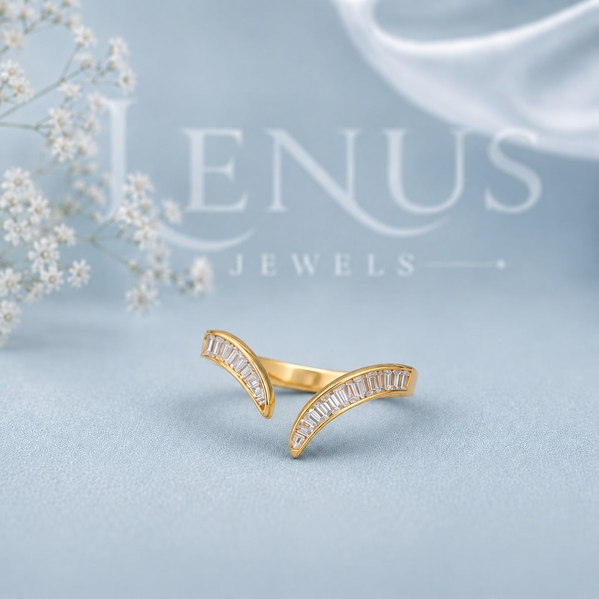 Baguette V Moissanite Ring Guard – Gold Chevron Wedding Band