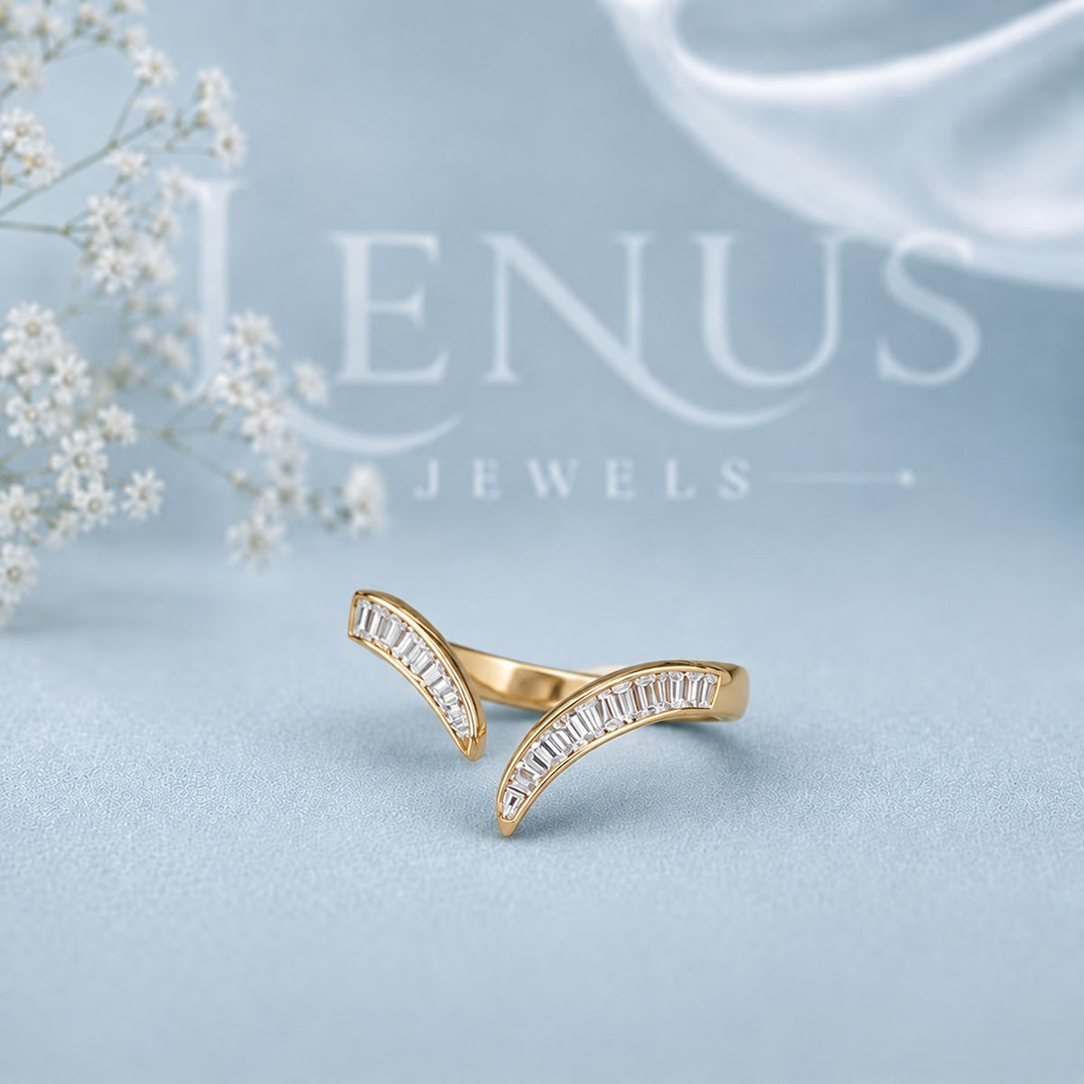 Baguette V Moissanite Ring Guard – Gold Chevron Wedding Band