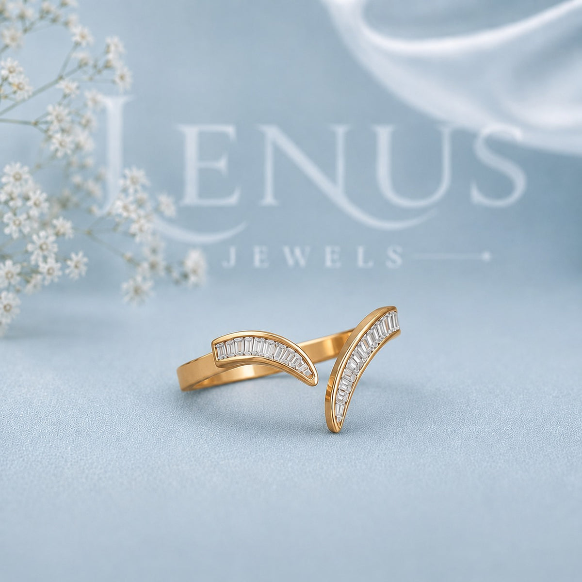 Baguette V Moissanite Ring Guard – Gold Chevron Wedding Band