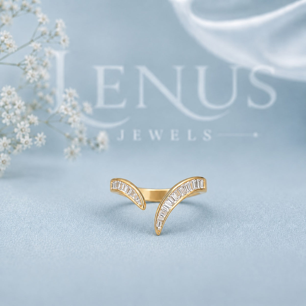 Baguette V Moissanite Ring Guard – Gold Chevron Wedding Band