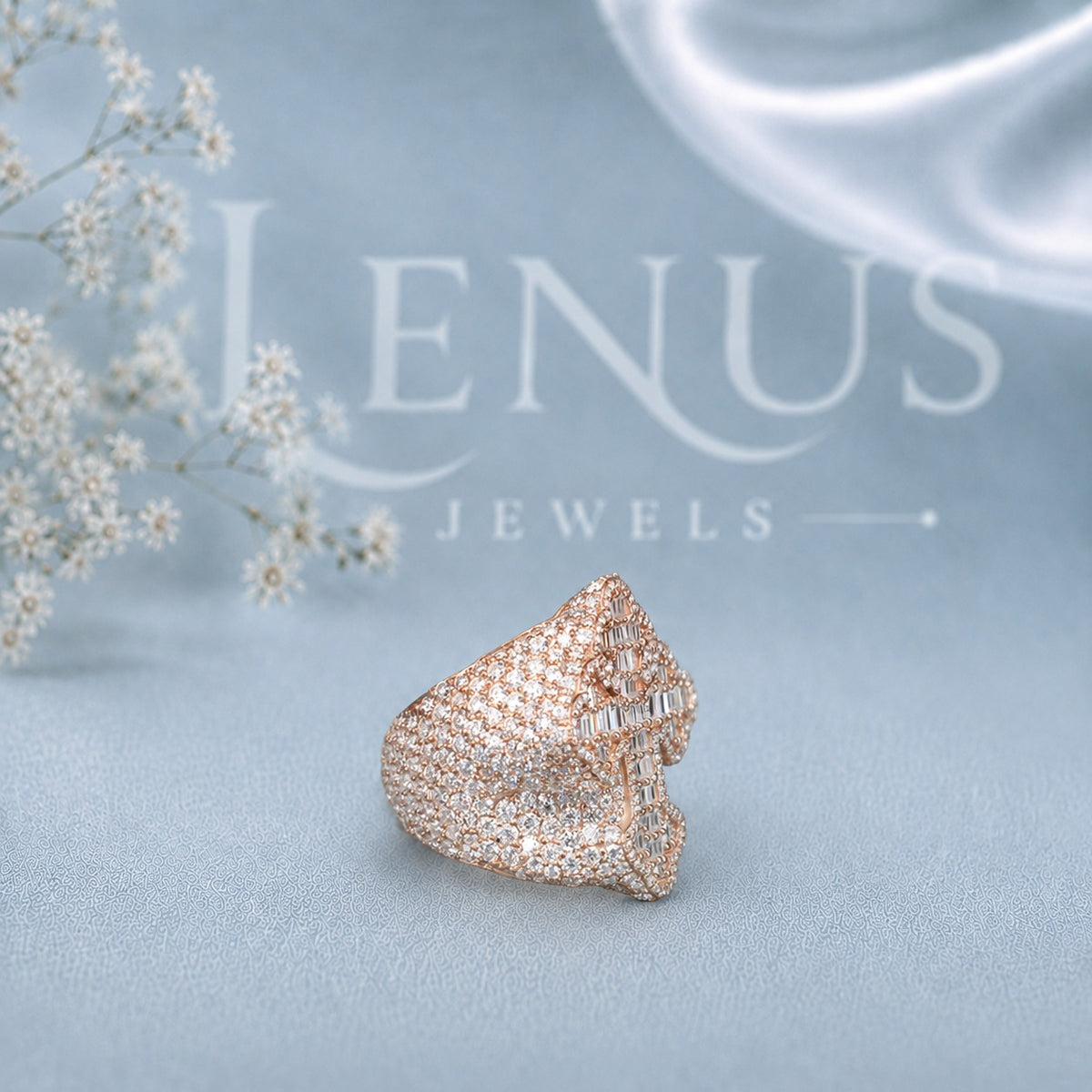 Iced-Out Baguette Cross Moissanite Ring – Rose-Gold Christian Statement Ring in 925 Sterling Silver