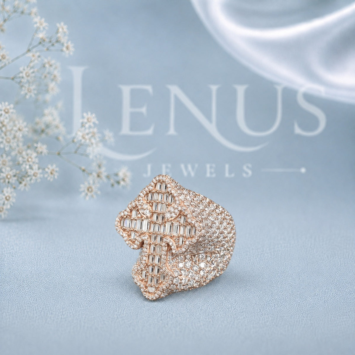 Iced-Out Baguette Cross Moissanite Ring – Rose-Gold Christian Statement Ring in 925 Sterling Silver