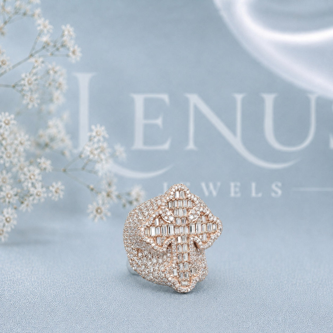 Iced-Out Baguette Cross Moissanite Ring – Rose-Gold Christian Statement Ring in 925 Sterling Silver