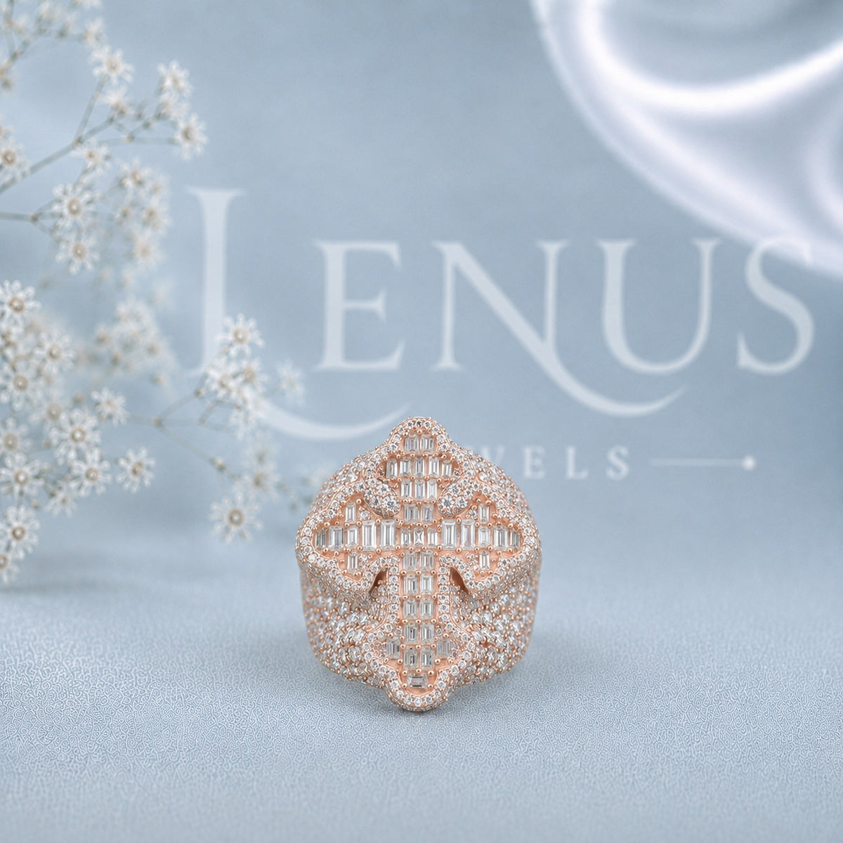 Iced-Out Baguette Cross Moissanite Ring – Rose-Gold Christian Statement Ring in 925 Sterling Silver