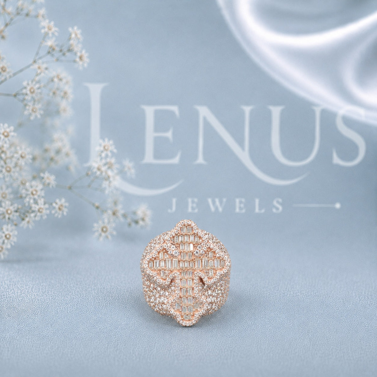 Iced-Out Baguette Cross Moissanite Ring – Rose-Gold Christian Statement Ring in 925 Sterling Silver