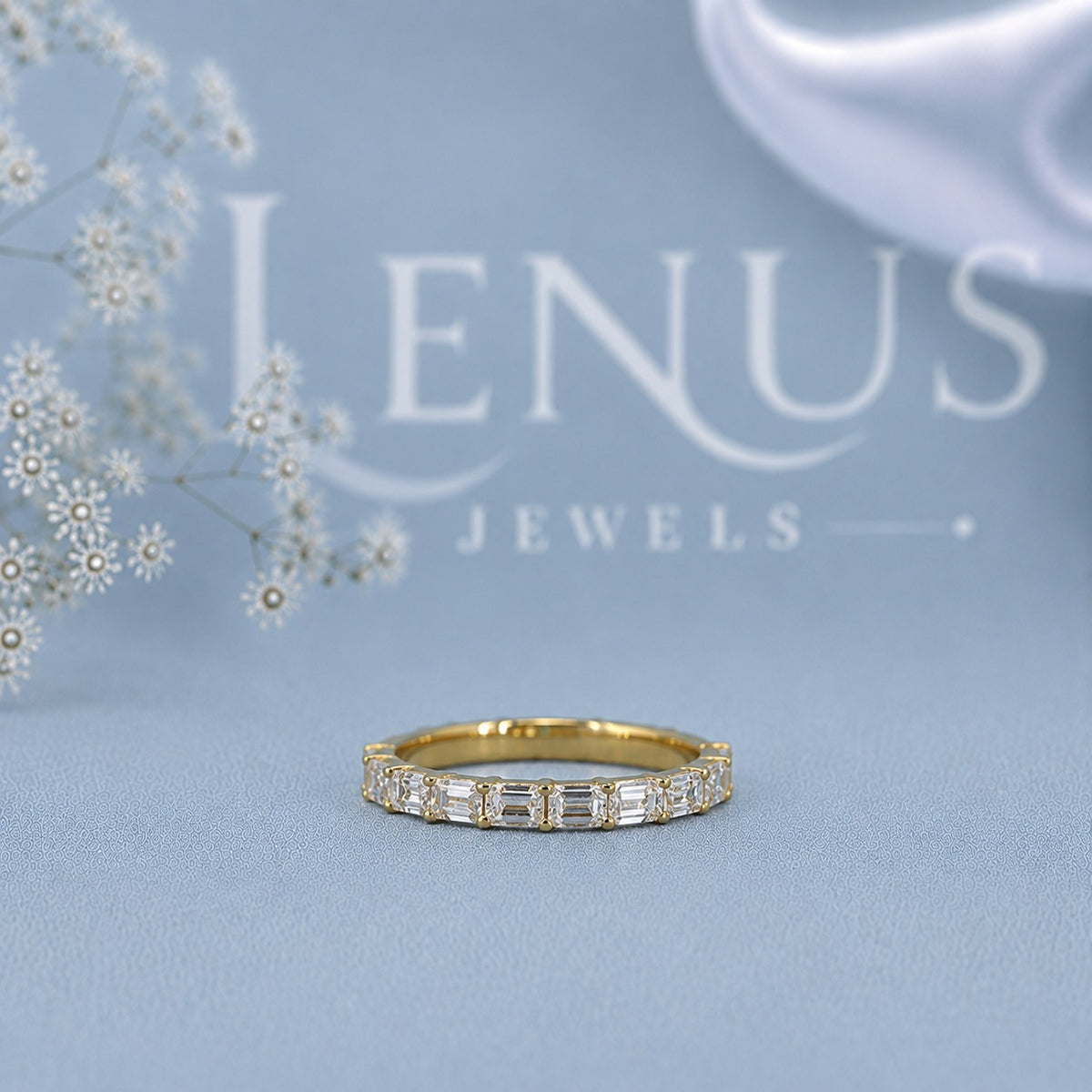 Baguette Moissanite Eternity Ring – 925 Sterling Silver Yellow Gold Iced Out Wedding Band