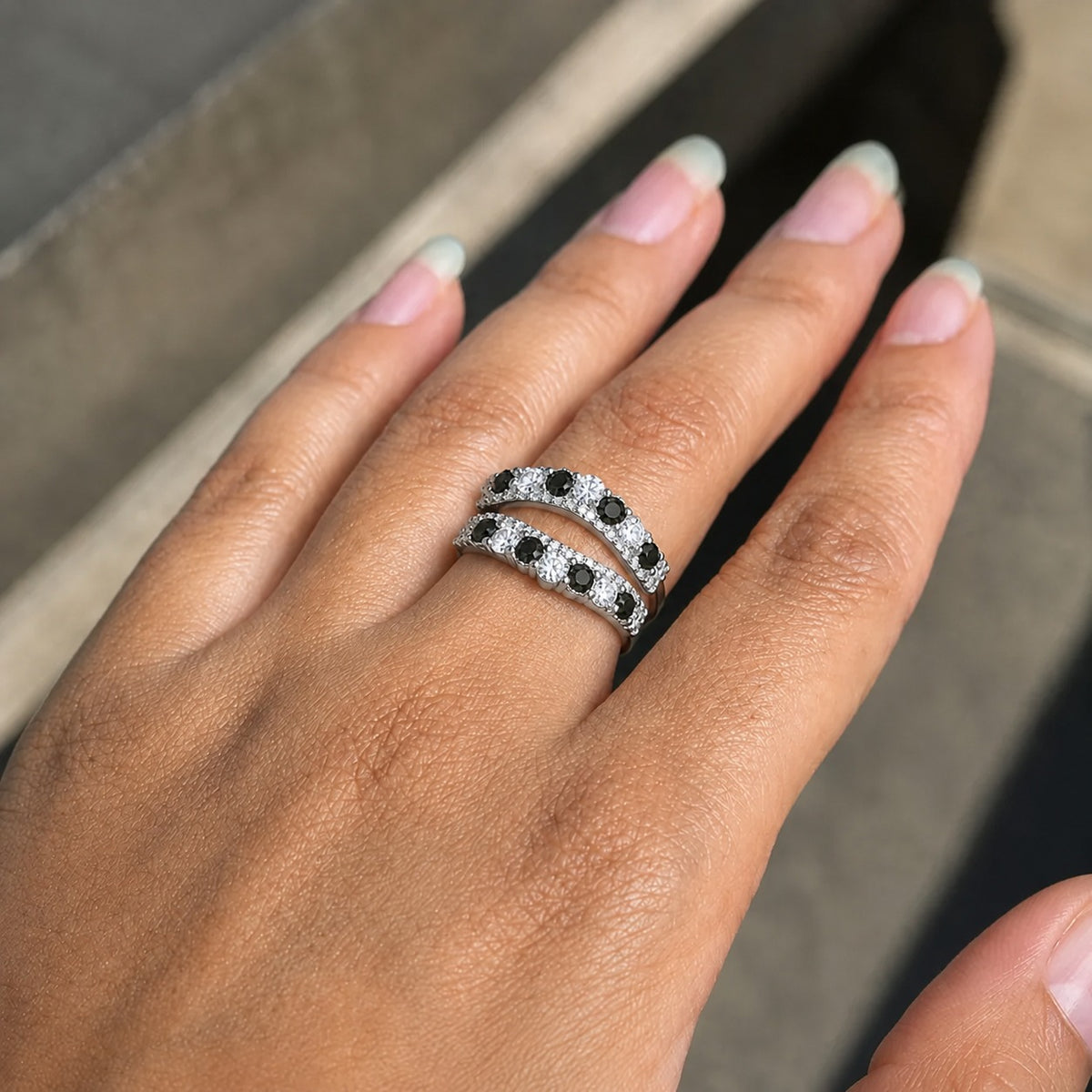Black and White Moissanite Ring Guard – Double Curved Enhancer Band in 925 Sterling Silver
