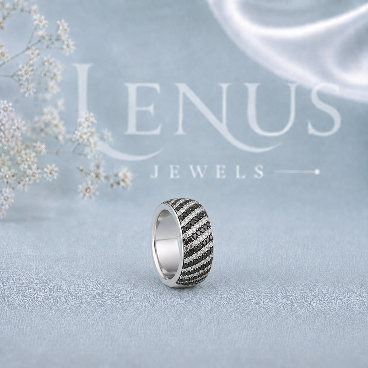 Black and White Moissanite Men’s Wedding Band – Wide Diagonal Stripe Ring in 925 Sterling Silver