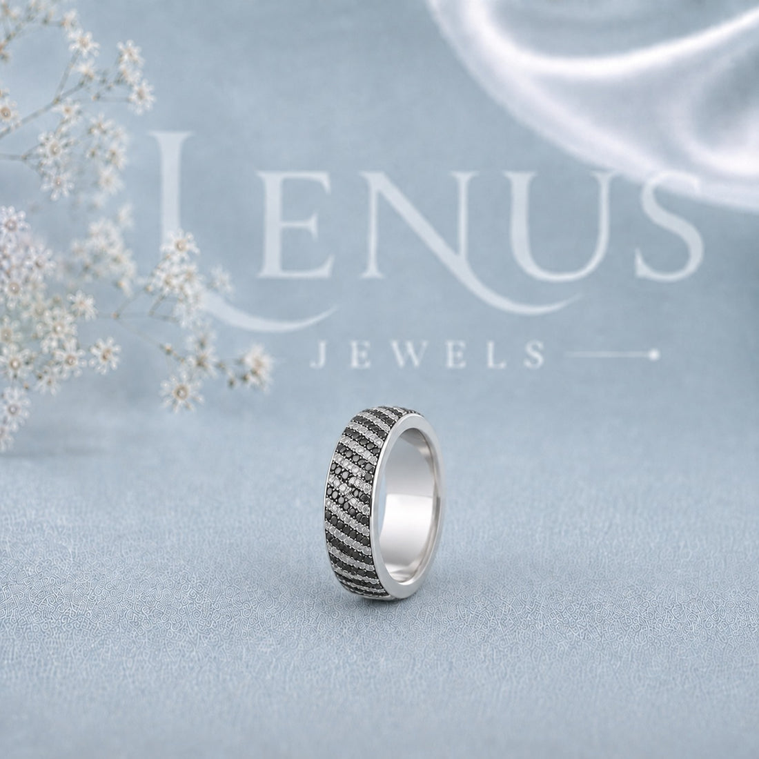 Black and White Moissanite Men’s Wedding Band – Wide Diagonal Stripe Ring in 925 Sterling Silver