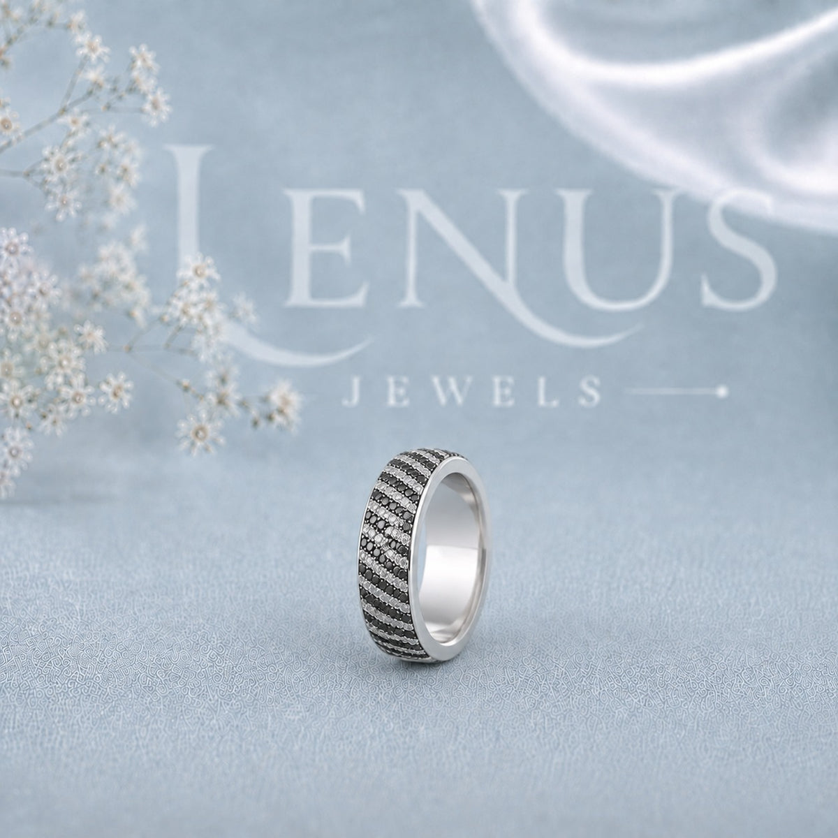 Black and White Moissanite Men’s Wedding Band – Wide Diagonal Stripe Ring in 925 Sterling Silver