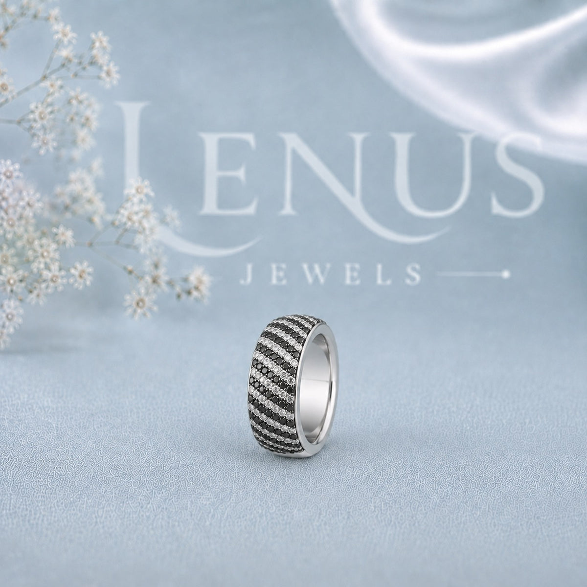 Black and White Moissanite Men’s Wedding Band – Wide Diagonal Stripe Ring in 925 Sterling Silver