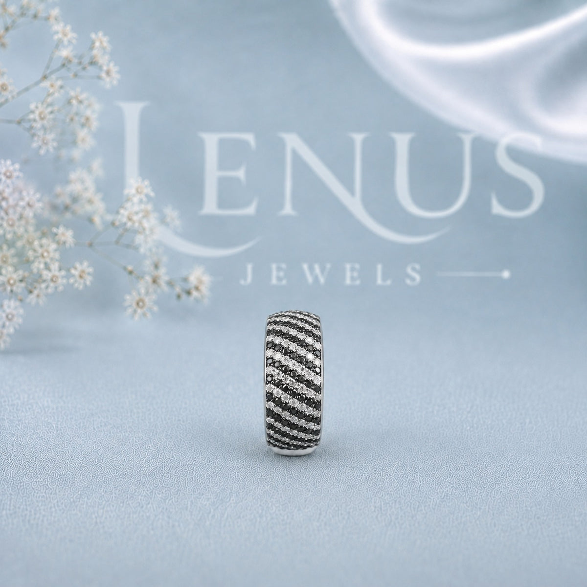 Black and White Moissanite Men’s Wedding Band – Wide Diagonal Stripe Ring in 925 Sterling Silver