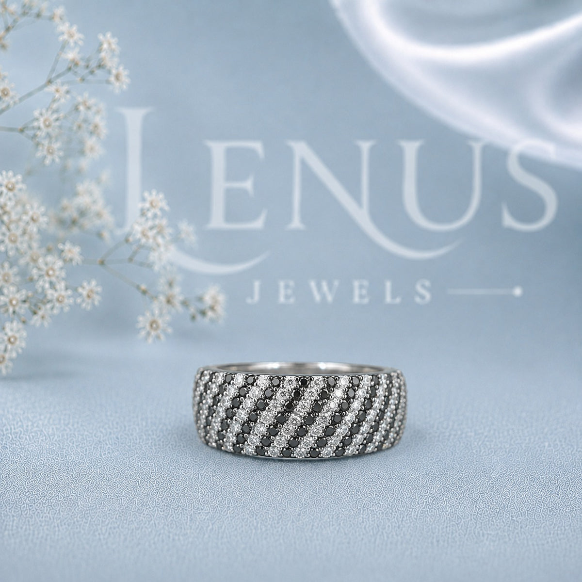 Black and White Moissanite Men’s Wedding Band – Wide Diagonal Stripe Ring in 925 Sterling Silver