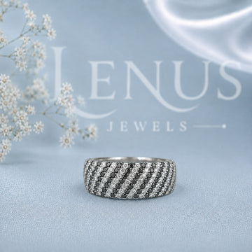 Black and White Moissanite Men’s Wedding Band – Wide Diagonal Stripe Ring in 925 Sterling Silver