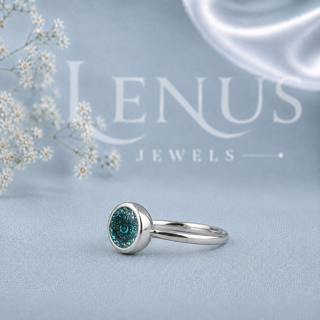 Teal Blue Round Moissanite Bezel Engagement Ring – Modern Solitaire in 925 Sterling Silver