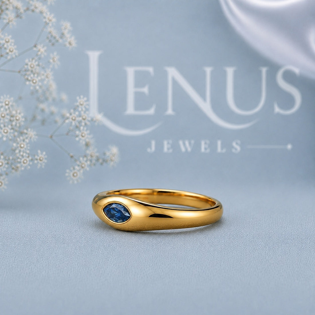 Blue Marquise Moissanite Dome Ring – Gold Finish Gypsy Set Band