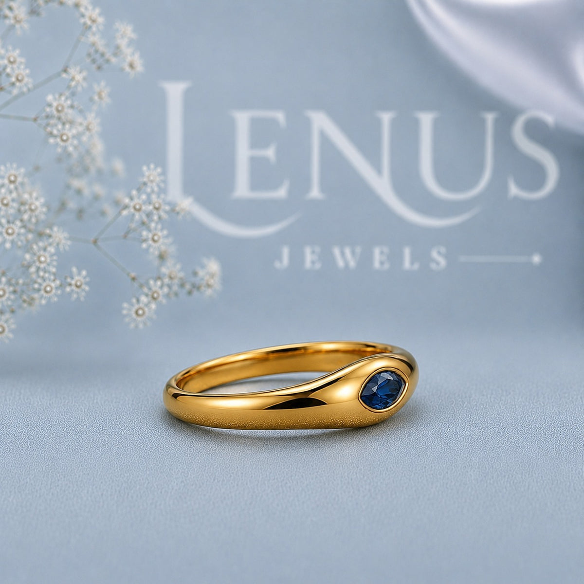 Blue Marquise Moissanite Dome Ring – Gold Finish Gypsy Set Band
