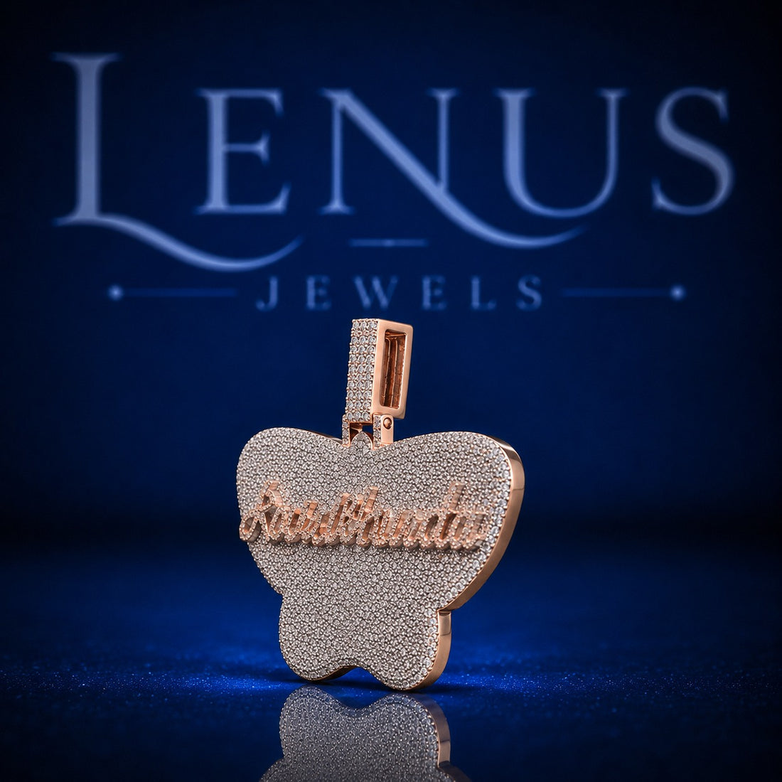 Custom Butterfly Name Pendant – Iced Out VVS Moissanite 925 Sterling Silver Two Tone Rose Gold Script Hip Hop Jewelry