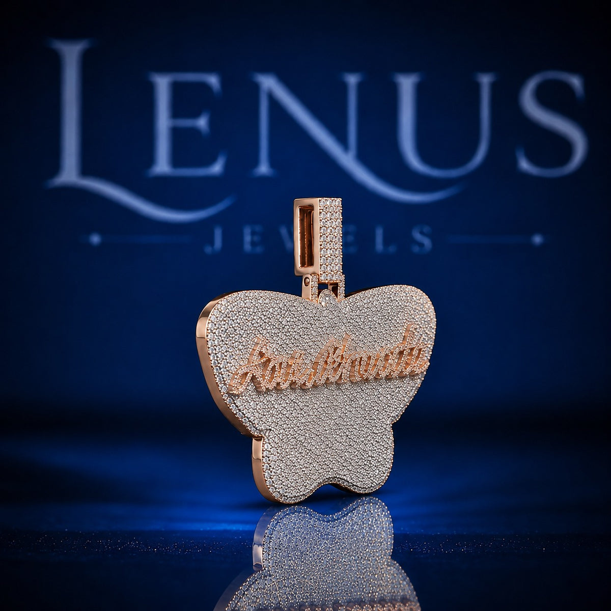 Custom Butterfly Name Pendant – Iced Out VVS Moissanite 925 Sterling Silver Two Tone Rose Gold Script Hip Hop Jewelry