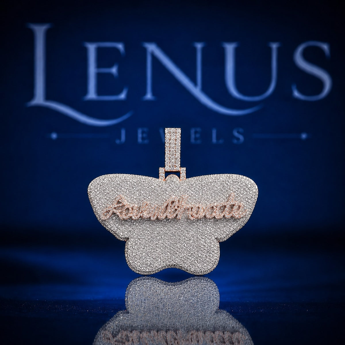 Custom Butterfly Name Pendant – Iced Out VVS Moissanite 925 Sterling Silver Two Tone Rose Gold Script Hip Hop Jewelry