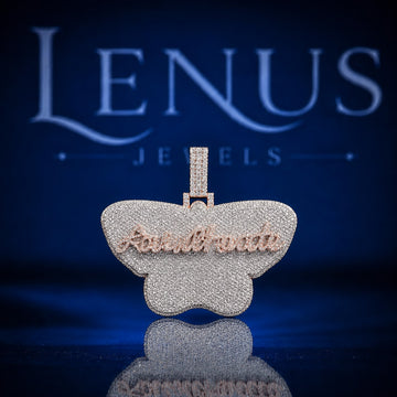 Custom Butterfly Name Pendant – Iced Out VVS Moissanite 925 Sterling Silver Two Tone Rose Gold Script Hip Hop Jewelry