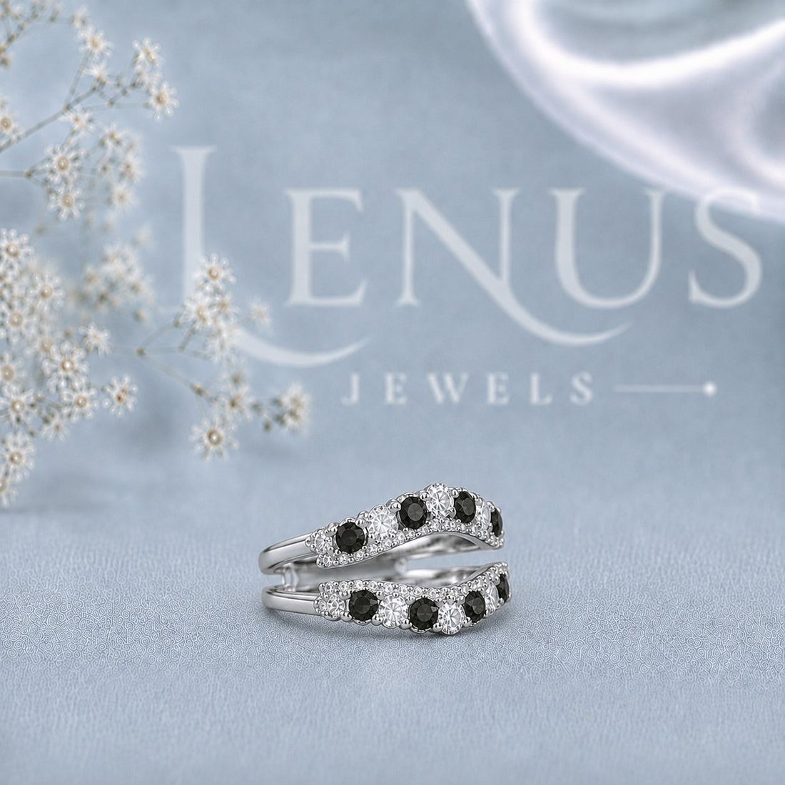 Black and White Moissanite Ring Guard – Double Curved Enhancer Band in 925 Sterling Silver